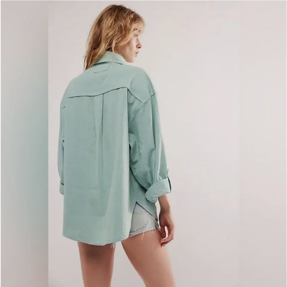 WE THE FREE Made For Sun Linen Shirt Mint Green Roll Tab Sleeve - Picture 4 of 13
